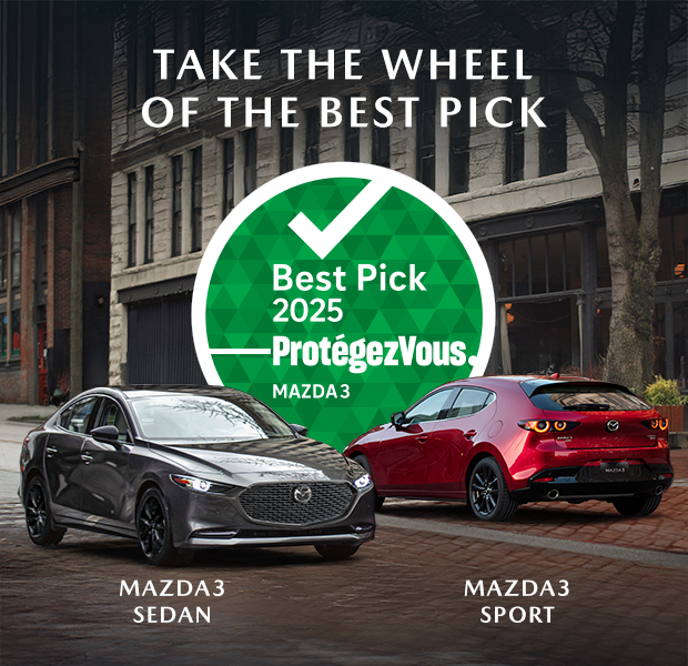 Front Mazda3 Sedan grey and back Mazda3 Sport red side by side on road