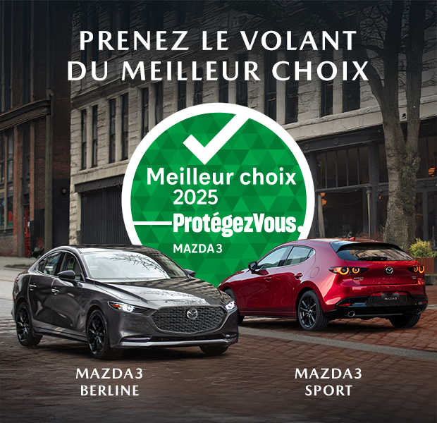 La Mazda3 Sedan grise à l'avant et la Mazda3 Sport rouge à l'arrière, côte à côte sur la route.