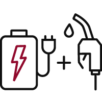 Illustration of battery with cable and plug attached, + gas nozzle.  