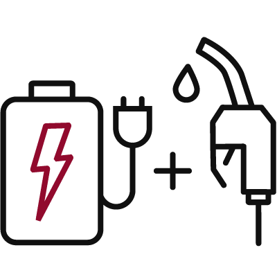Illustration d’une batterie et d’une prise avec un câble branché, + pistolet à carburant.  