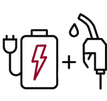 Illustration of battery with cable and plug attached, + gas nozzle.  