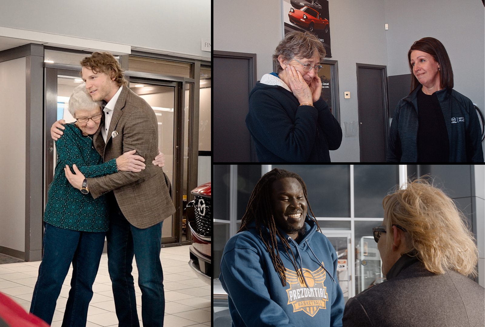 A mosaic of three images of community members smiling, embracing, and talking to one another.  