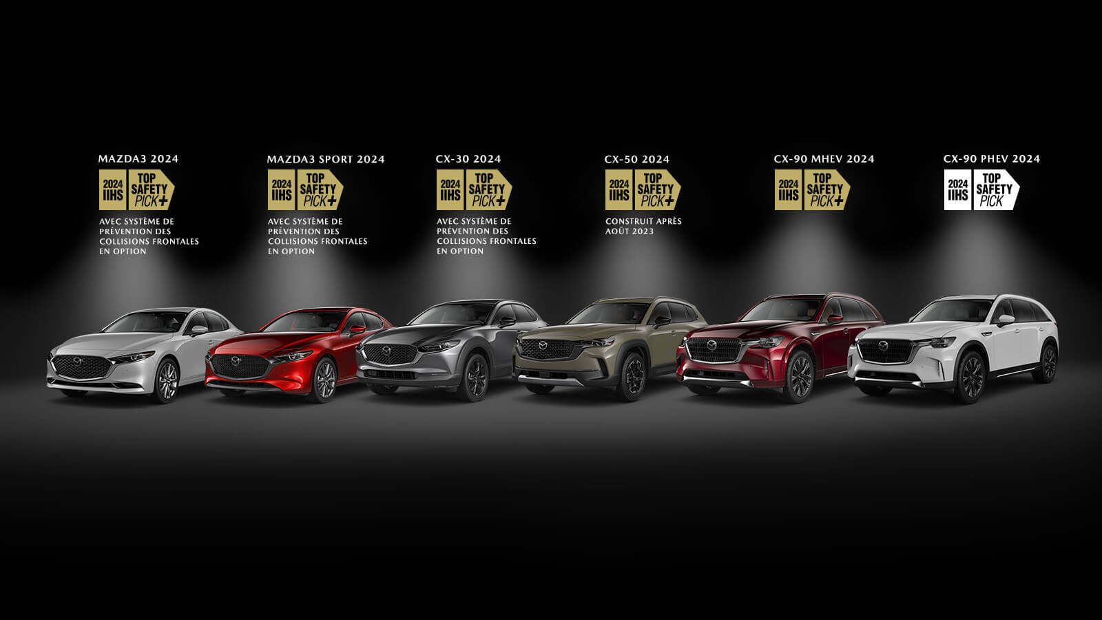 Des véhicules Mazda alignés dans l’obscurité, éclairés un à un par un projecteur de gauche à droite, avec au-dessus de chacun le logo “2024 Top IIHS Safety Pick”. De gauche à droite, une Mazda3 2024, une Mazda3 Sport 2024 et un Mazda CX-30 2024, chacun avec la Prévention des collisions frontales en option. Un Mazda CX-50 2024 construit après le mois d’août 2023, un Mazda CX-90 hybride léger et un Mazda CX-90 hybride rechargeable.