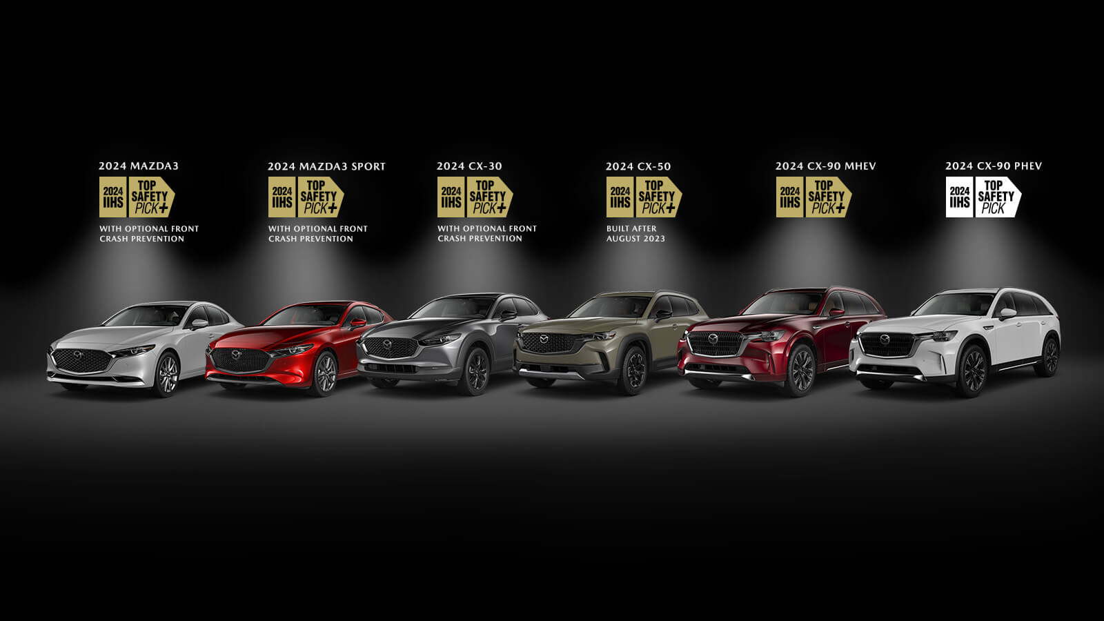 A line up of Mazda vehicles on a dark from left to right, each under a spotlight and a “2024 Top IIHS Safety Pick” badge above. From left to right, a 2024 Mazda3, 2024 Mazda3 Sport. 2024 Mazda CX-30 each with optional Front Crash Prevention. A 2024 Mazda CX-50 built after August 2023, a Mazda CX-90 MHEV and Mazda CX-90 PHEV.