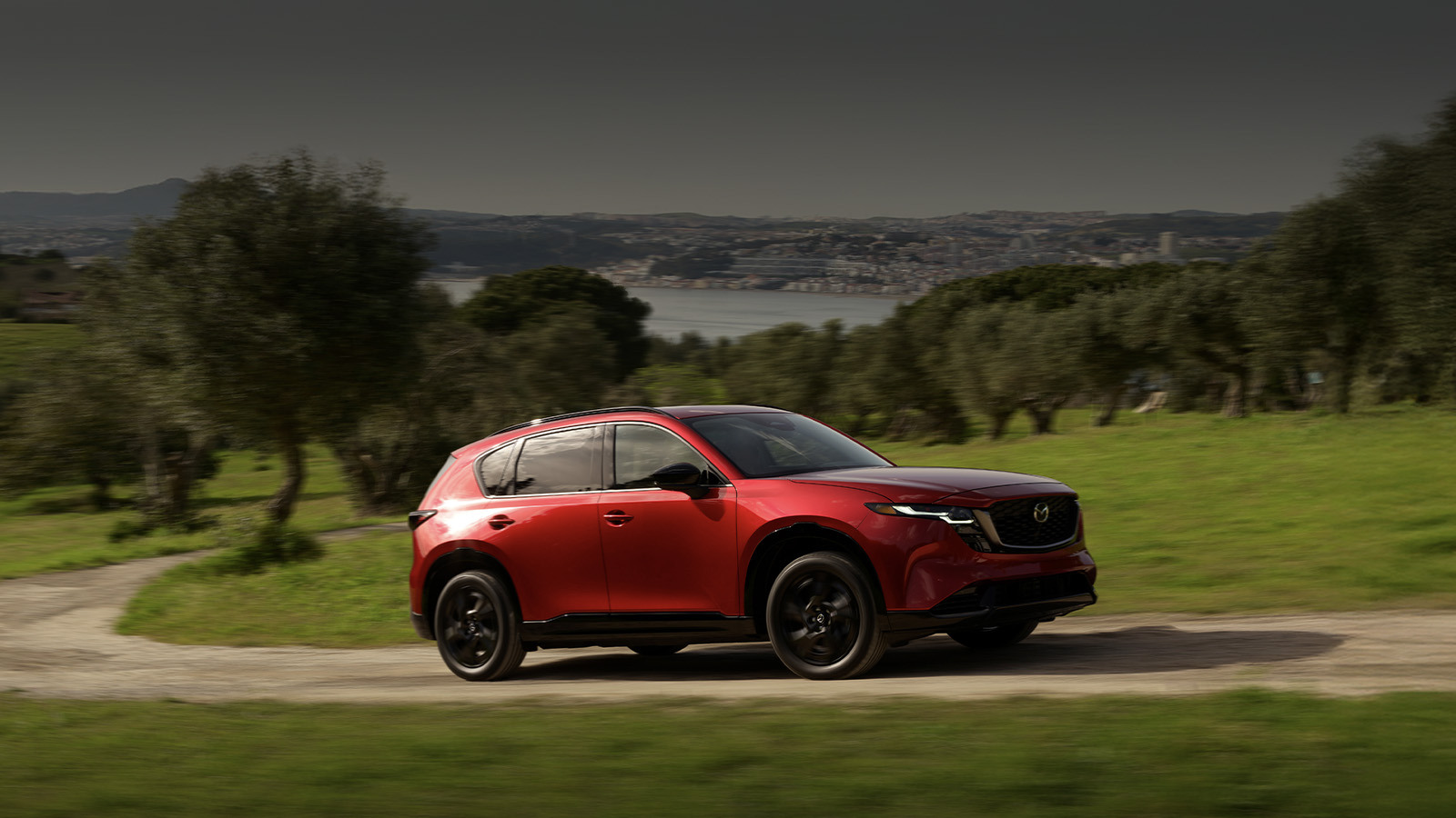 A red Mazda CX-5 parked on a grassy field