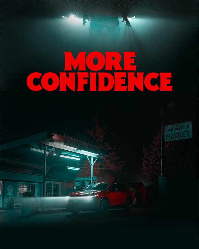 Split image of a foggy nighttime scene with a man in headlights above and a Mazda CX-5 at a gas station below, separated by the text “MORE CONFIDENCE”.