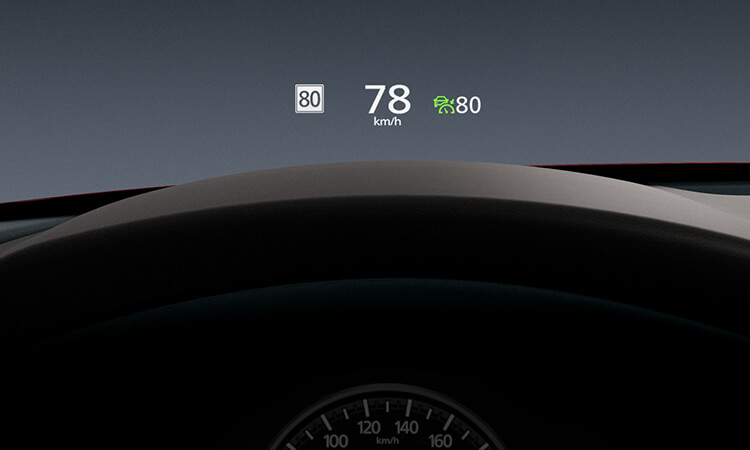 Close-up of windshield-projected Active Driving Display showing 80 km speed limit, 78 km actual speed. 