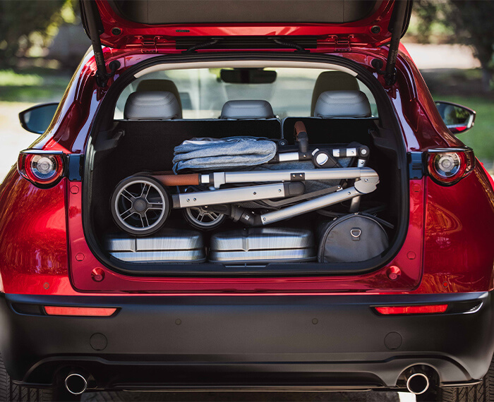 Rear liftgate of CX-30 is open revealing ample cargo space holding a backpack, foldable stroller, two large coolers and a duffle bag.  