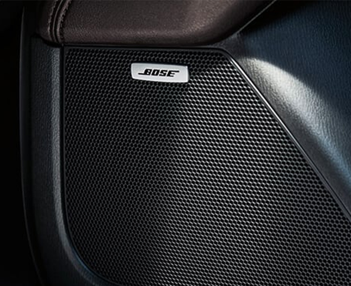 Close-up of embedded Bose speaker with Bose logo. 