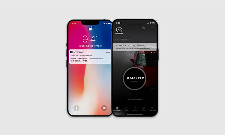 Deux téléphones intelligents affichent les écrans de l’appli MyMazda avec une notification sur l’écran de verrouillage et le bouton de démarrage.  