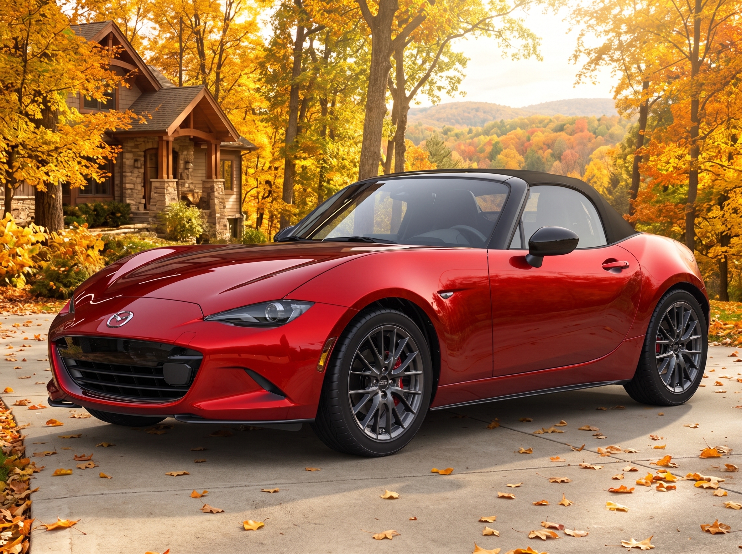 Vue de 3/4 d’une MX-5 ST rouge avec le toit fermé garée devant une maison moderne.